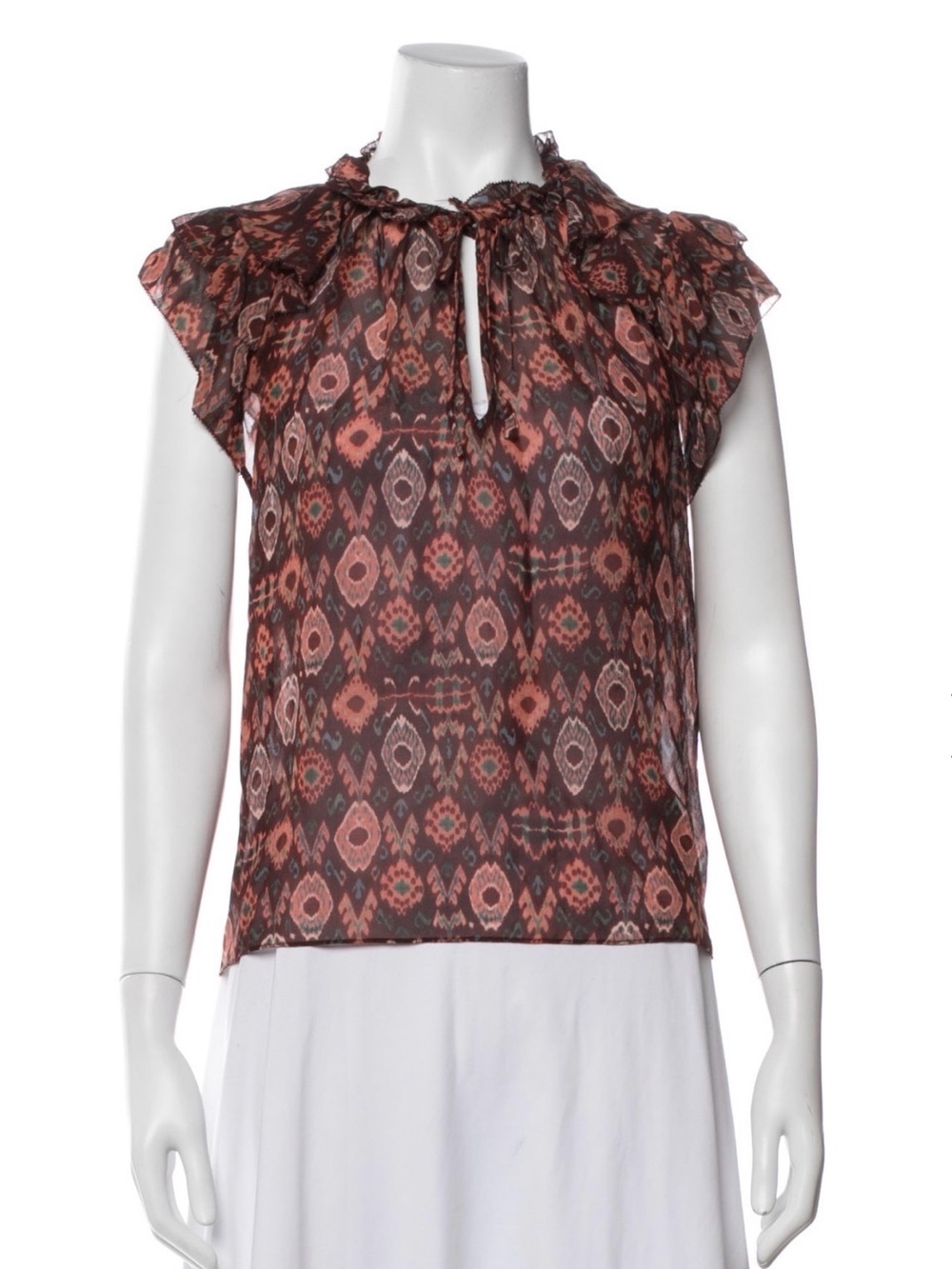 Ulla Johnson Women's Brown Rust Ikat Print Ruffle Cap Sleeve Top Sz 8